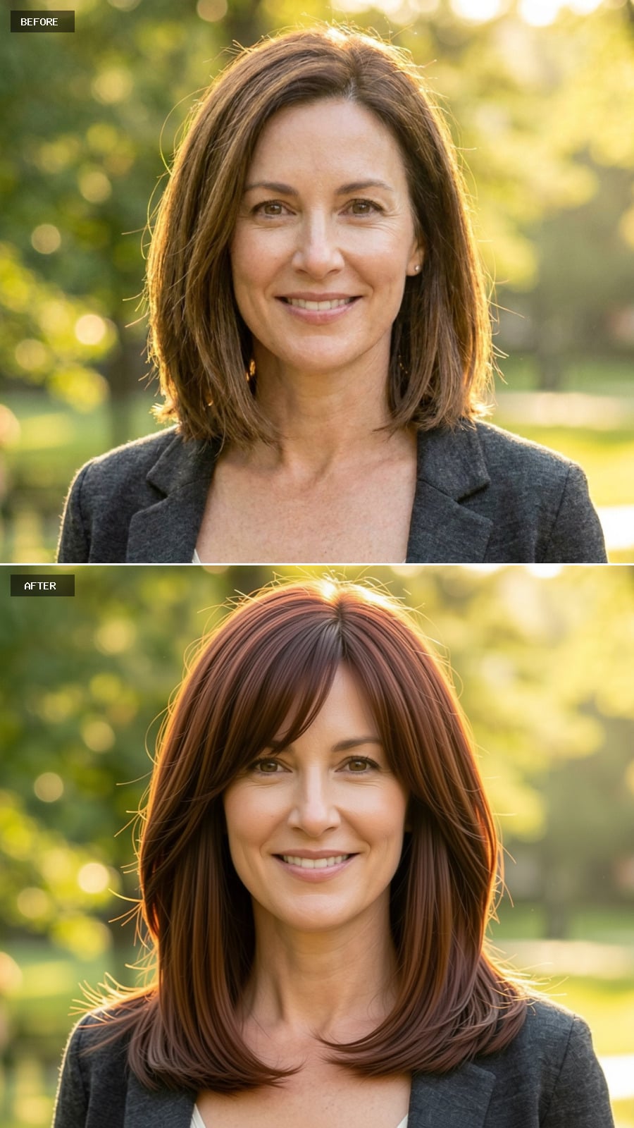 Chestnut Lob With Long Curtain Bangs And Layered Ends, Modern And Flattering, Smiling Outdoors