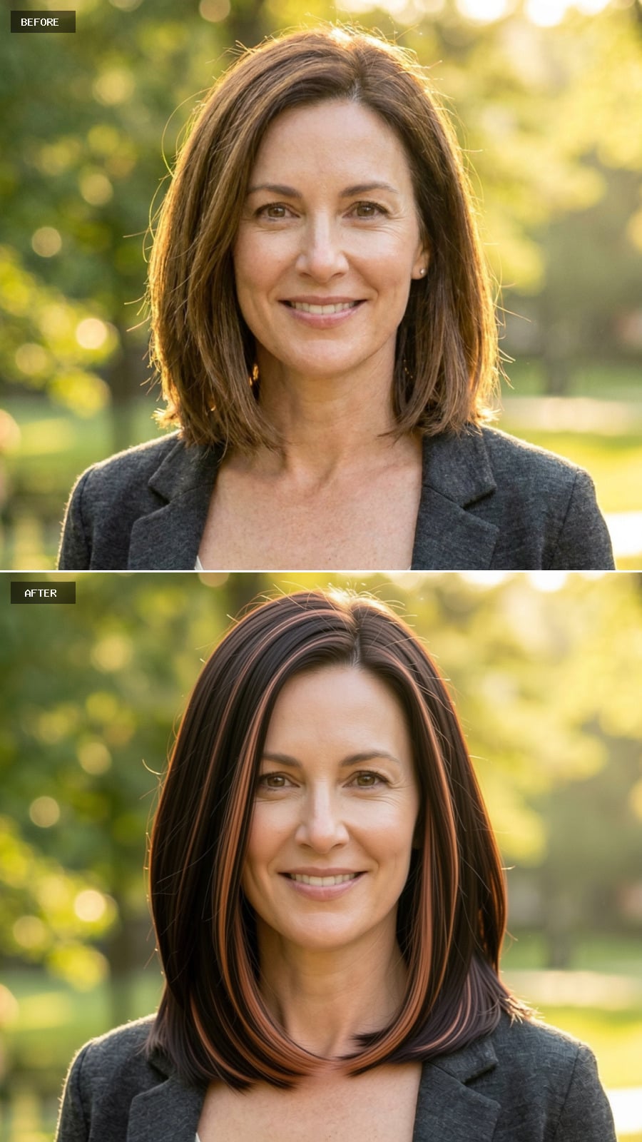 Dark Chocolate Lob With Subtle Copper Highlights And Sleek Styling, Sophisticated Lifestyle Photography