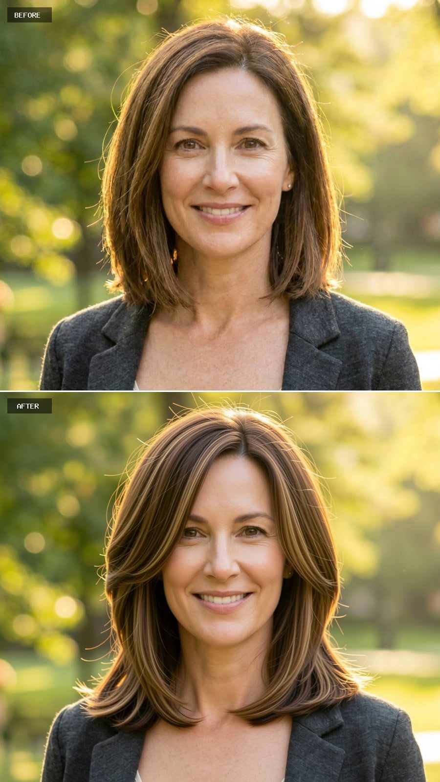Medium-length Layered Brunette Cut With Caramel Face-framing Highlights, Smiling Confidently In A Scenic Park