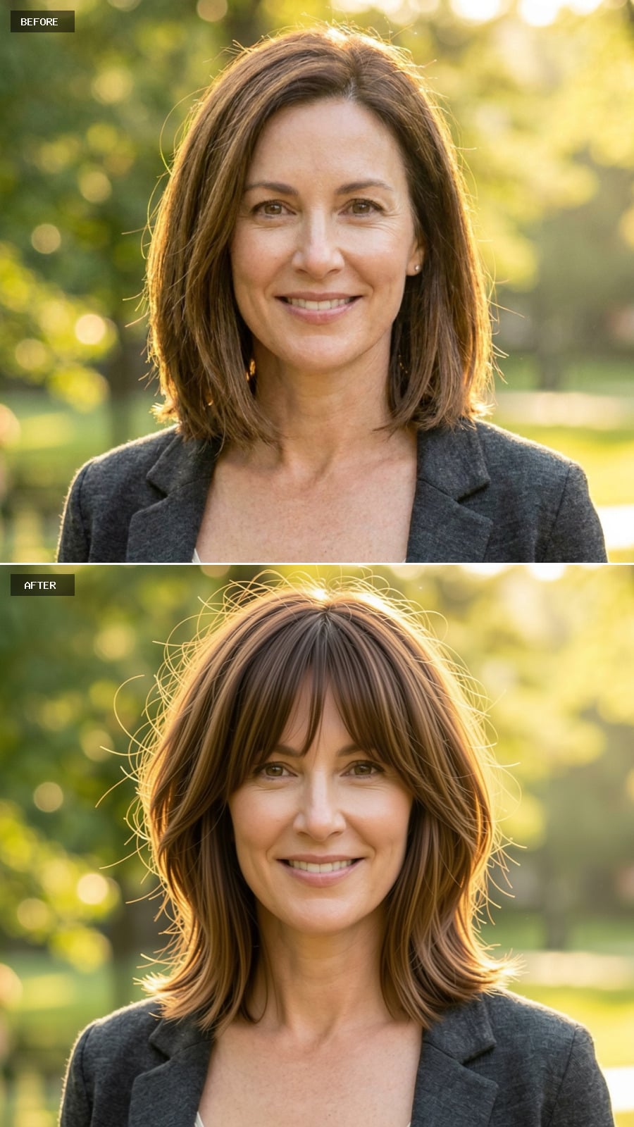 Chestnut Shag Haircut With Curtain Bangs And Tousled Texture, Natural And Youthful Outdoor Portrait