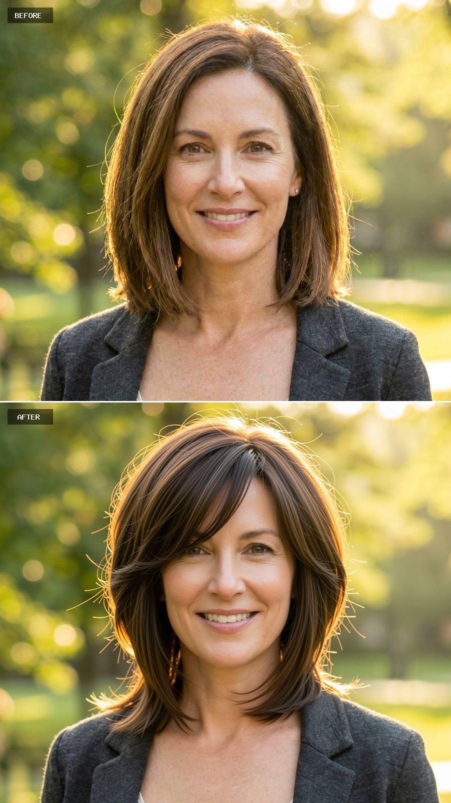 Brunette Wolf Cut Softened For A Woman In Her 40s, Layered And Flattering, Smiling In Warm Sunlight