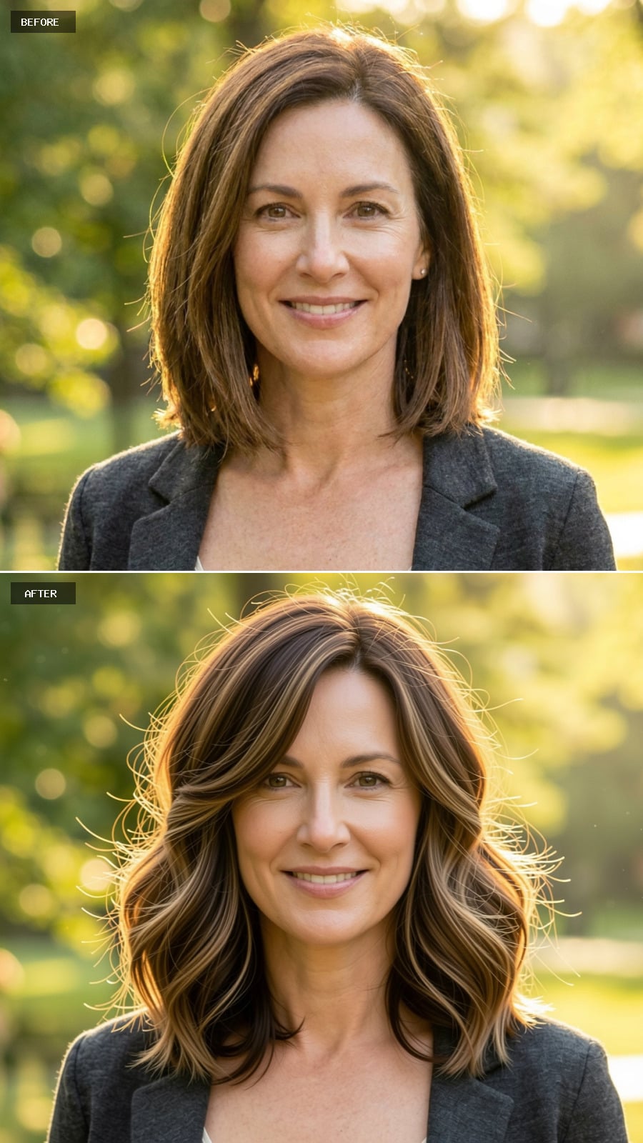 Shoulder-length Butterfly Haircut With Rich Brown Balayage And Bouncy Layers, Outdoor Lifestyle Photography
