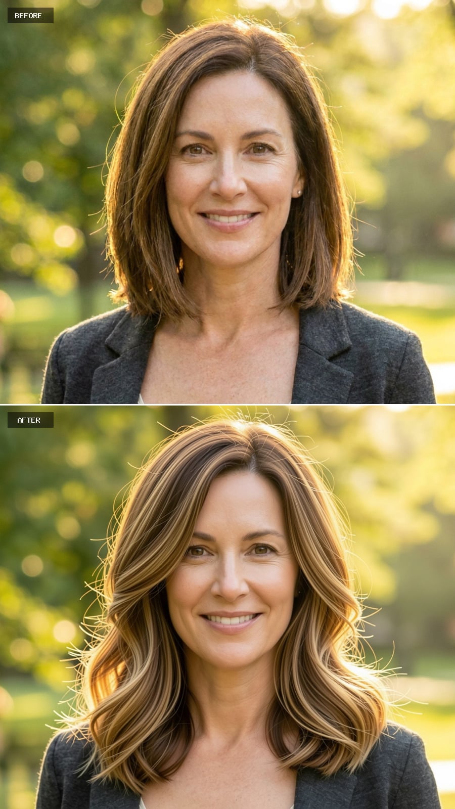 Warm Brunette Shoulder-length Cut With Honey Balayage And Feathered Layers, Smiling Naturally Outdoors