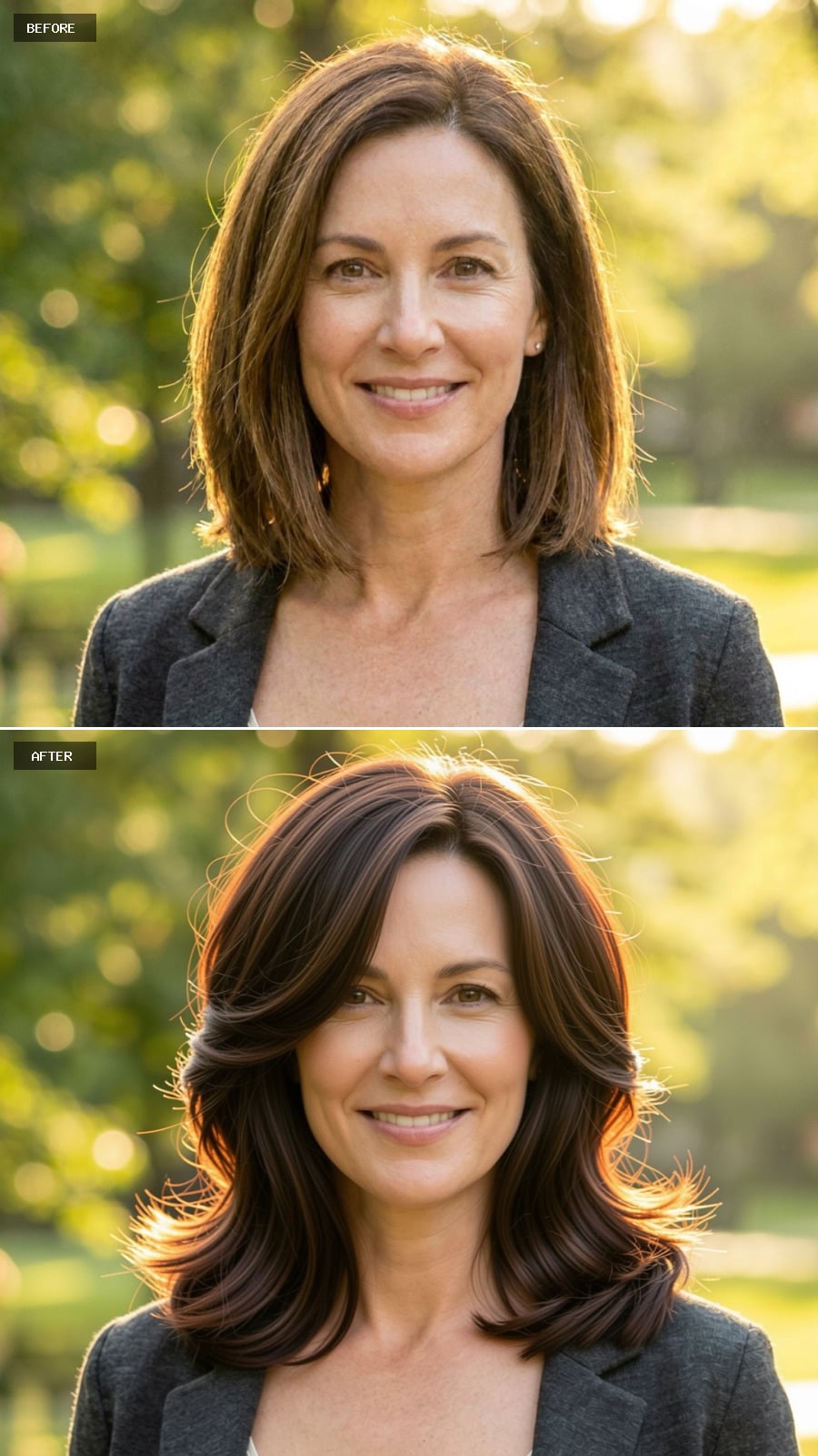 Dark Brown Layered Cut With Subtle Auburn Undertones And Voluminous Blowout, Elegant Outdoor Portrait