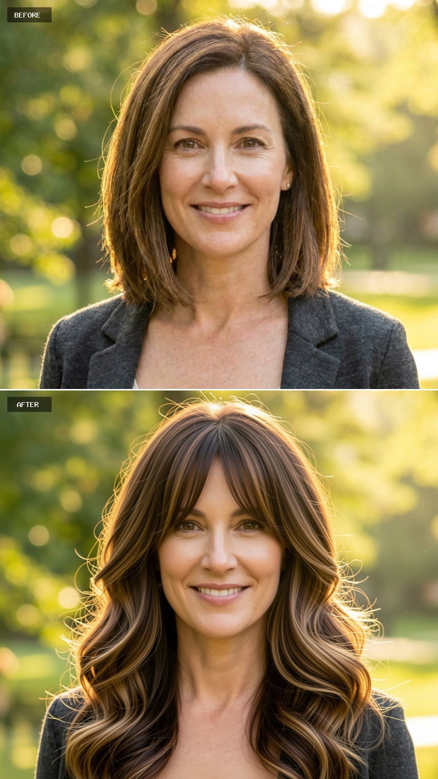 Long Brunette Hair With Chestnut Balayage, Soft Waves, And Face-framing Layers, Smiling In A Sunlit Park