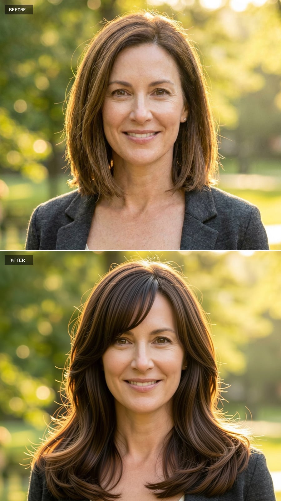 Rich Chocolate Brown Long Layers With Side-swept Bangs, Polished And Timeless Outdoor Portrait