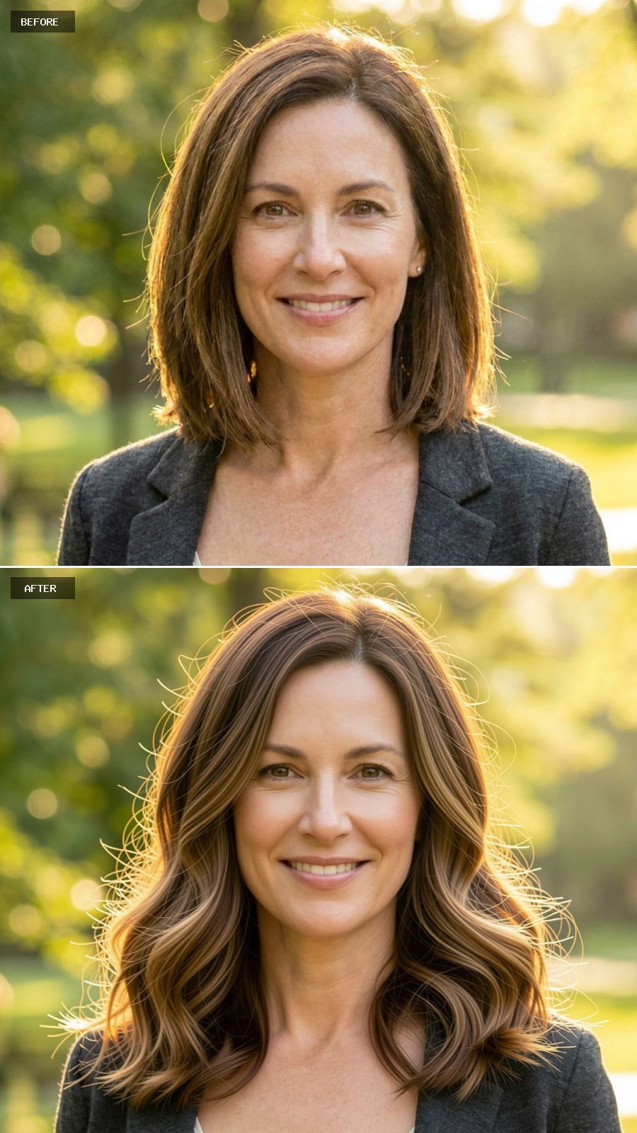 Warm Brown Hair With Caramel Ombre Transitioning Through The Lengths, Loose Waves, Smiling Outdoors