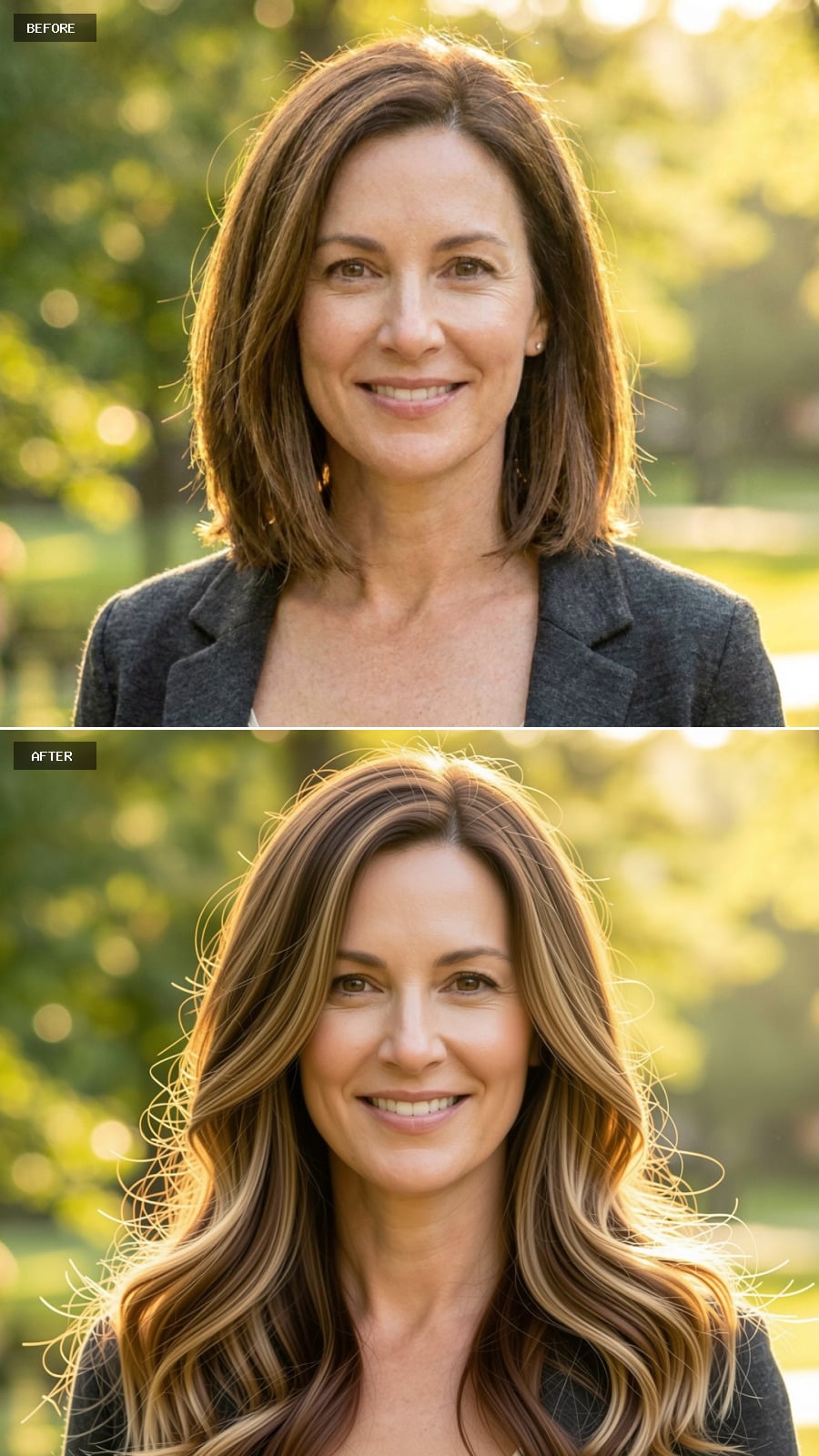 Chestnut-to-honey Ombre Hairstyle With Long Flowing Layers, Radiant Smile, Golden-hour Photography