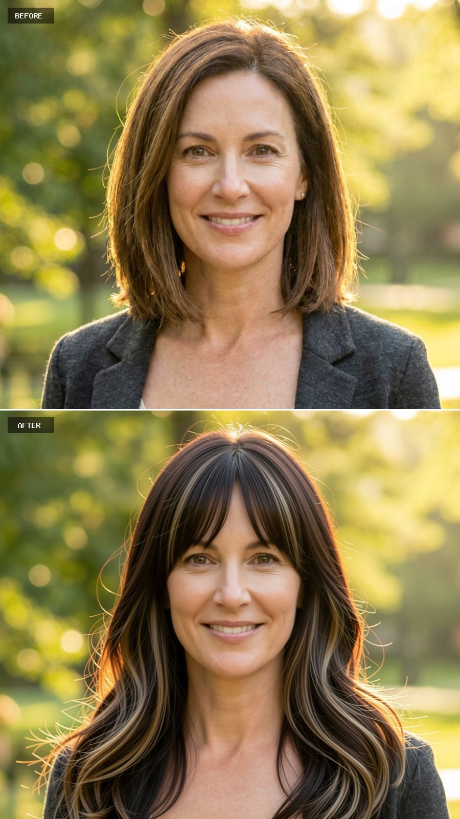 Dark Brunette Long Haircut With Soft Curtain Bangs And Subtle Balayage Highlights, Natural Outdoor Portrait