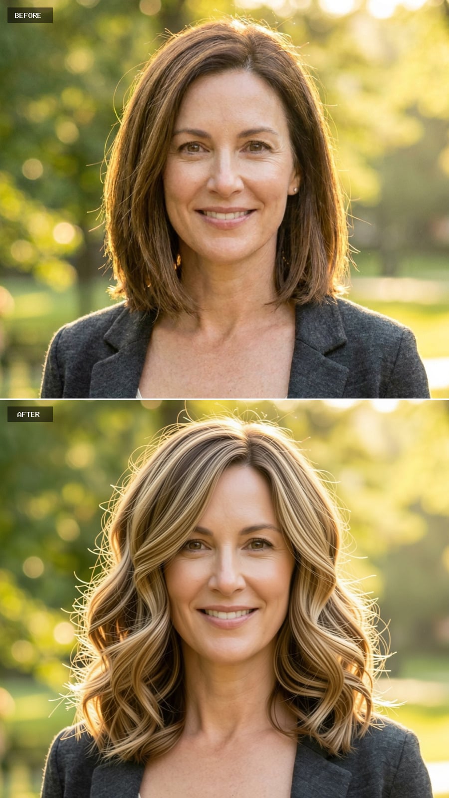 Medium Golden Brunette Hair With Butterfly Layers And Voluminous Curls, Smiling In A Scenic Garden