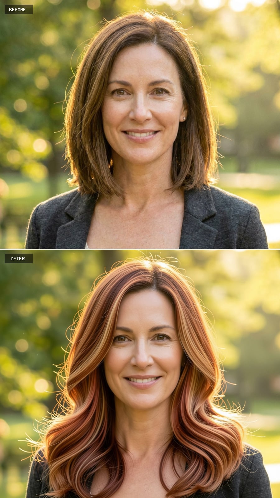 Soft Copper-brunette Balayage On Long Layered Hair, Healthy Shine, Lifestyle Portrait In Natural Light