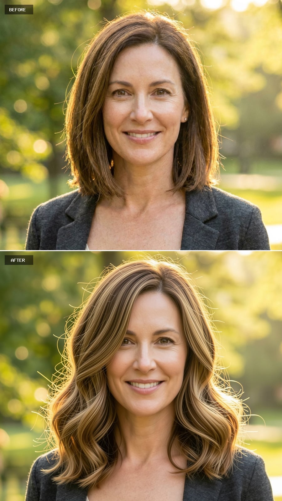 Honey Brunette Long Bob With Textured Waves And Side Part, Smiling Confidently Outdoors