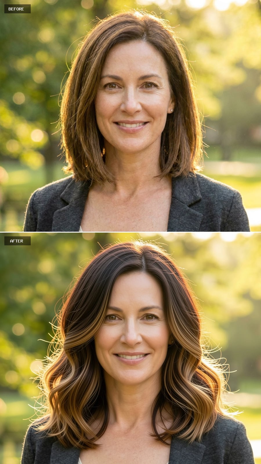 Dark Chocolate Hair With Espresso Roots Fading Into Warm Caramel Balayage, Glamorous Outdoor Portrait