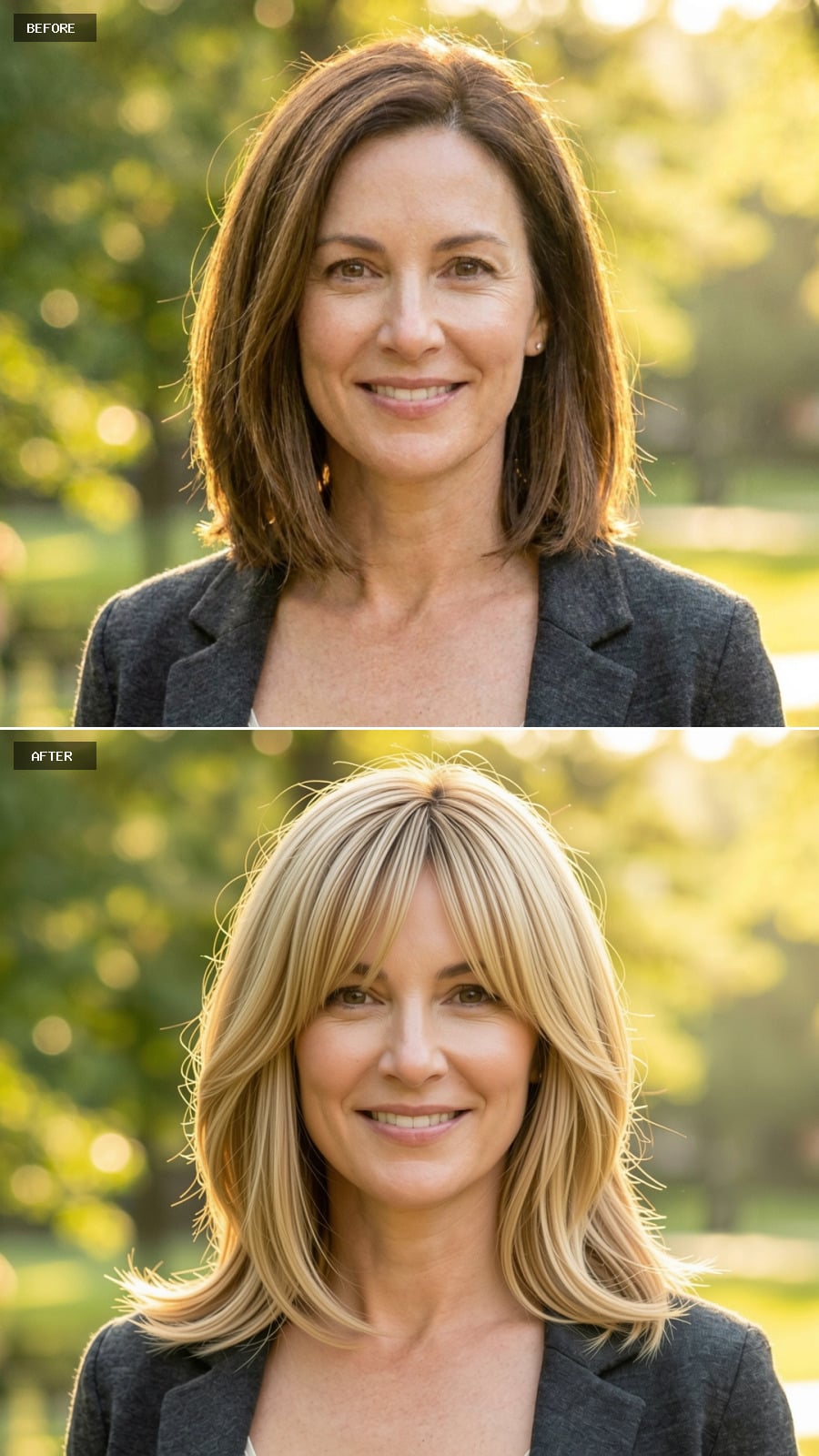 Warm Beige Blonde Layered Shoulder-length Cut With Curtain Bangs, Sophisticated Outdoor Lifestyle Portrait