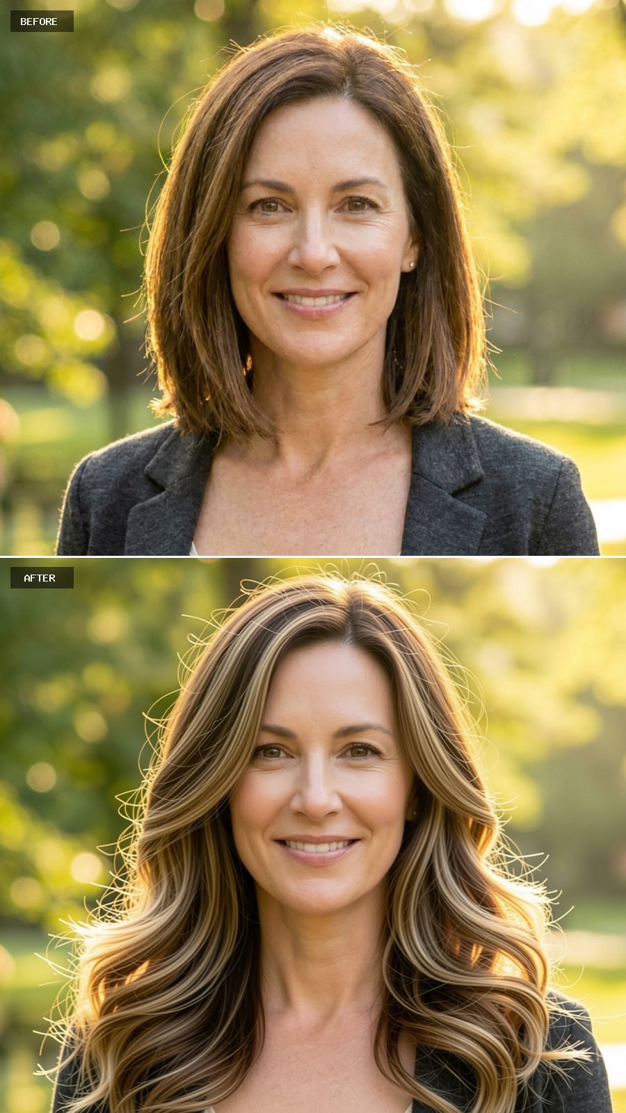 Dark Blonde Long Layered Hairstyle With Honey Highlights And Soft Curls, Smiling Naturally In A Park