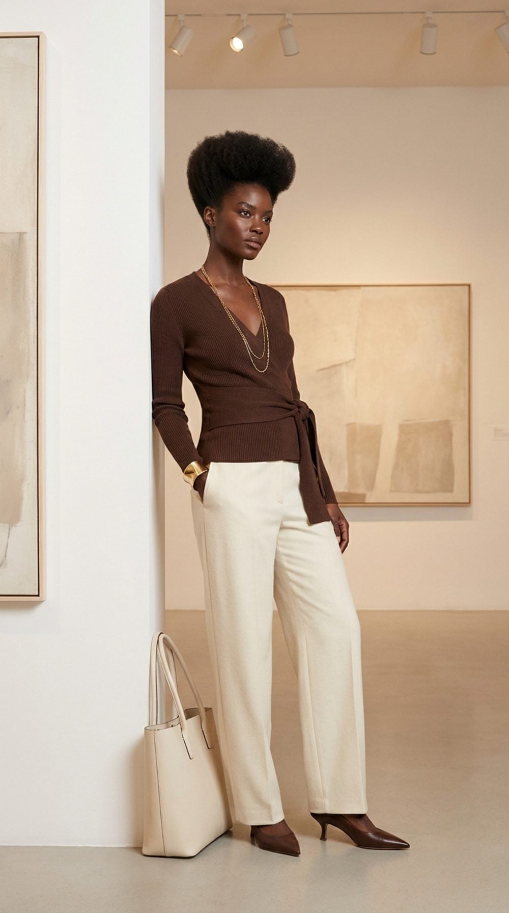 Chocolate and Cream in a Gallery: When a Ribbed Wrap Top Becomes the Most Interesting Thing in the Room