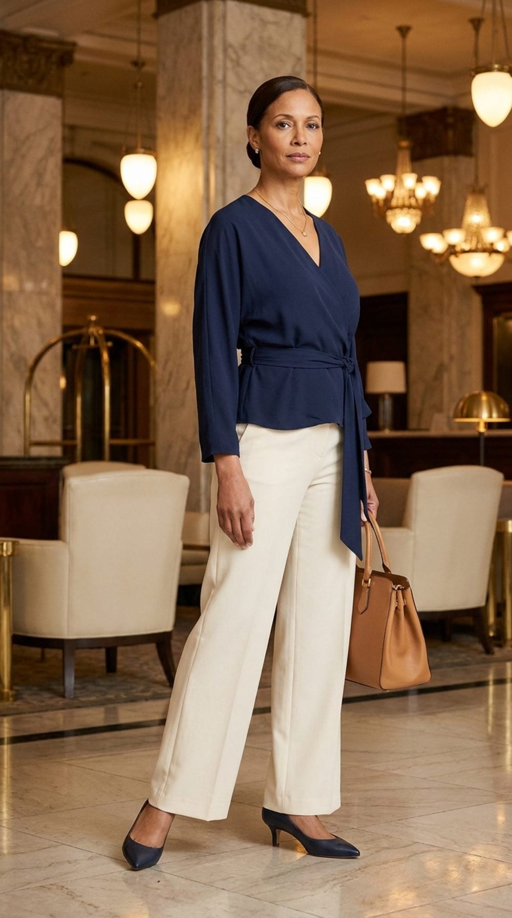 Navy Crepe and a Hotel Lobby: The Three-Quarter Sleeve Wrap Top That Travels Beautifully