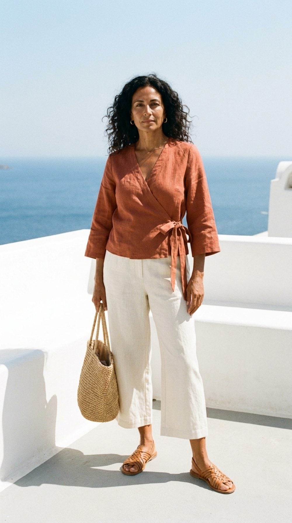 Terracotta Linen on a Greek Island: The Wrap Top Proving Casual Can Still Have a Waist
