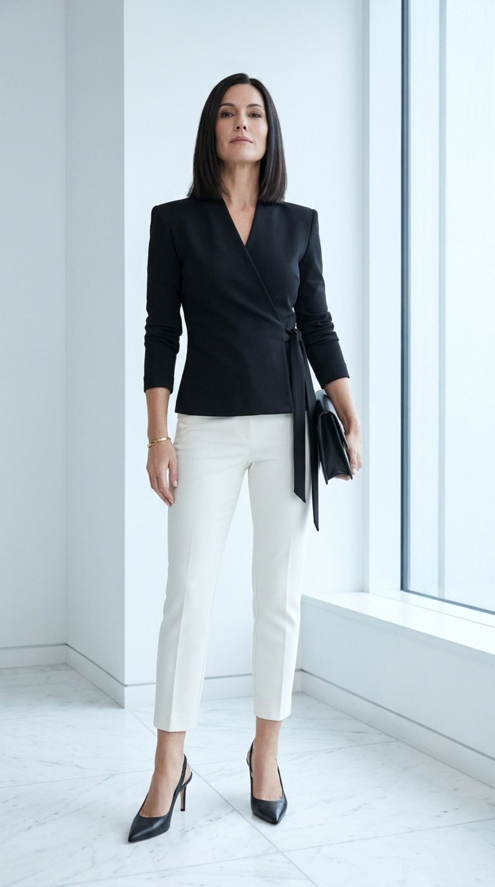 Black Ponte, Ivory Cigarette Pants: The Minimalist Wrap That Means Business