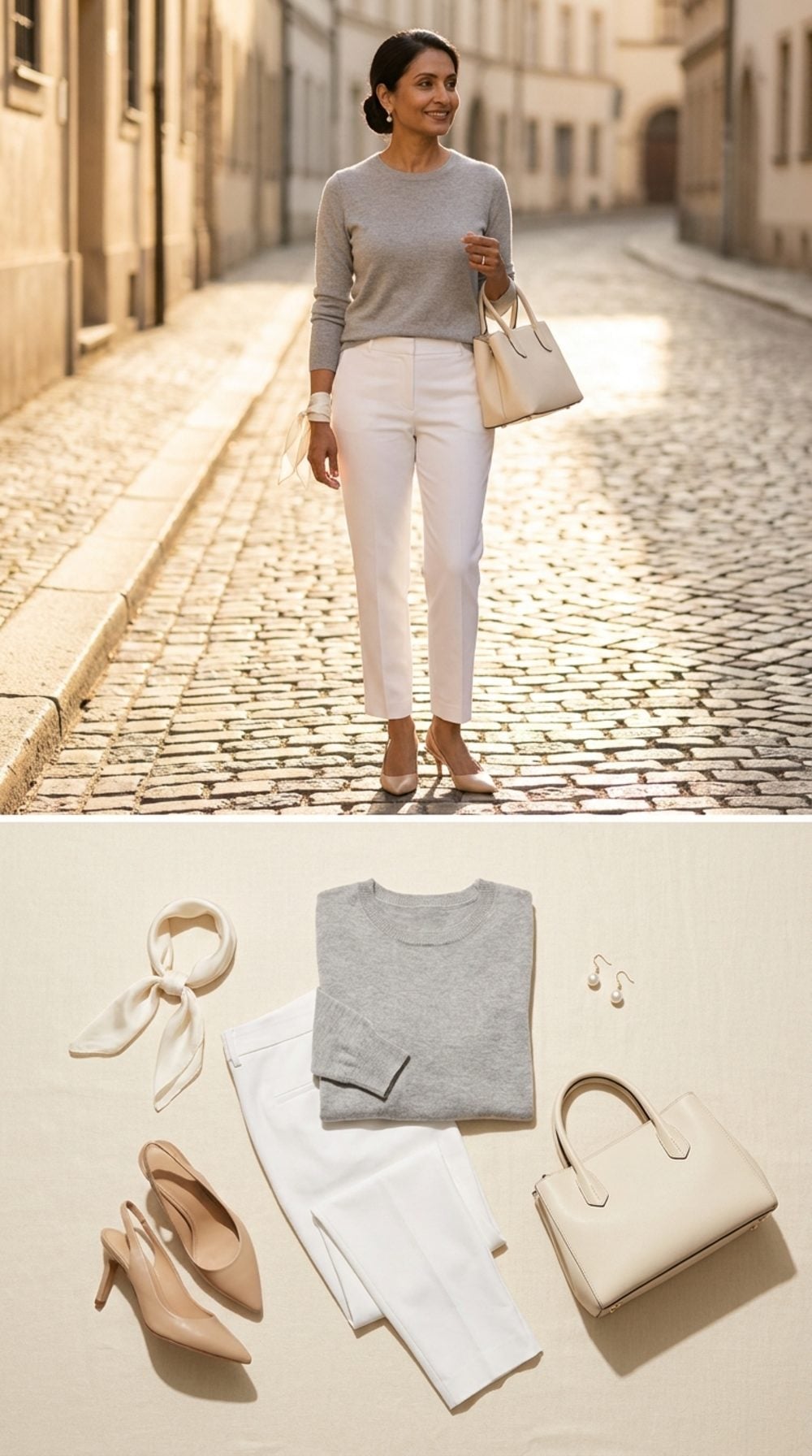 The Five-Minute Uniform: Soft Gray, Crisp White, and That Wrist Scarf Nobody Expects