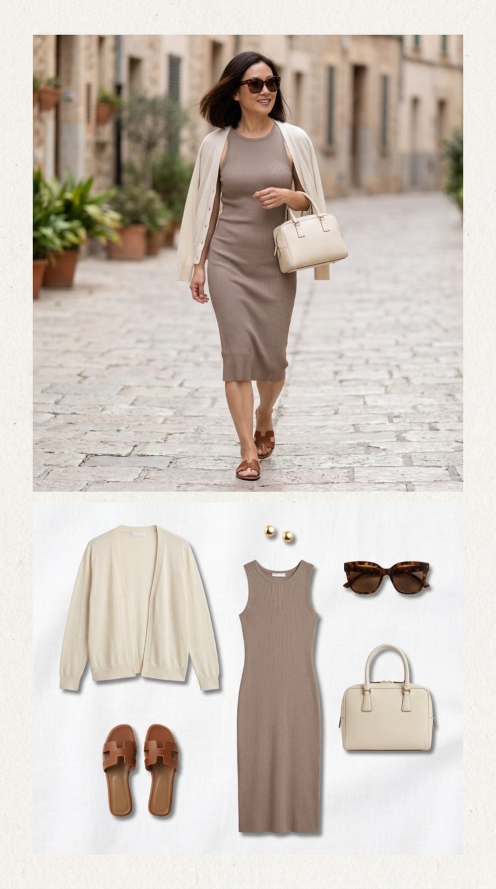 Taupe Knit Dress with a White Sweater on Your Shoulders and Not a Care in the World