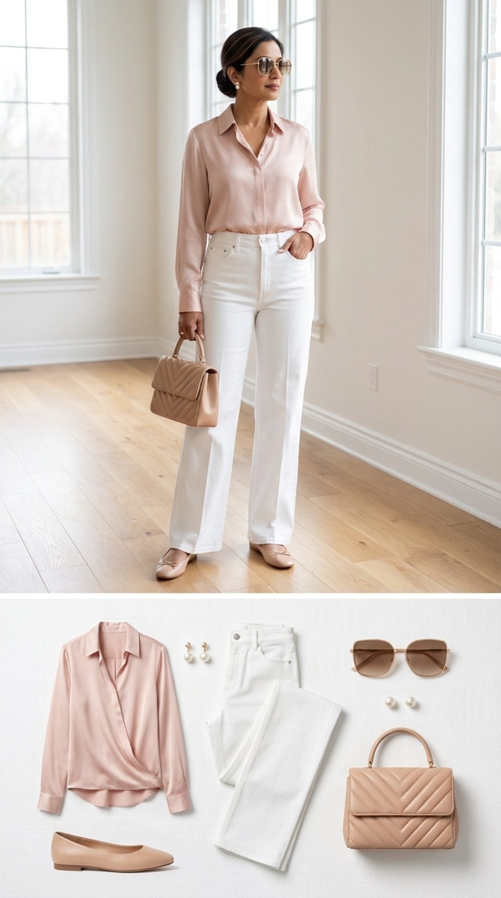 Blush Silk Tucked Into White Wide-Leg Jeans: Quiet Luxury Doing Its Quietest Work