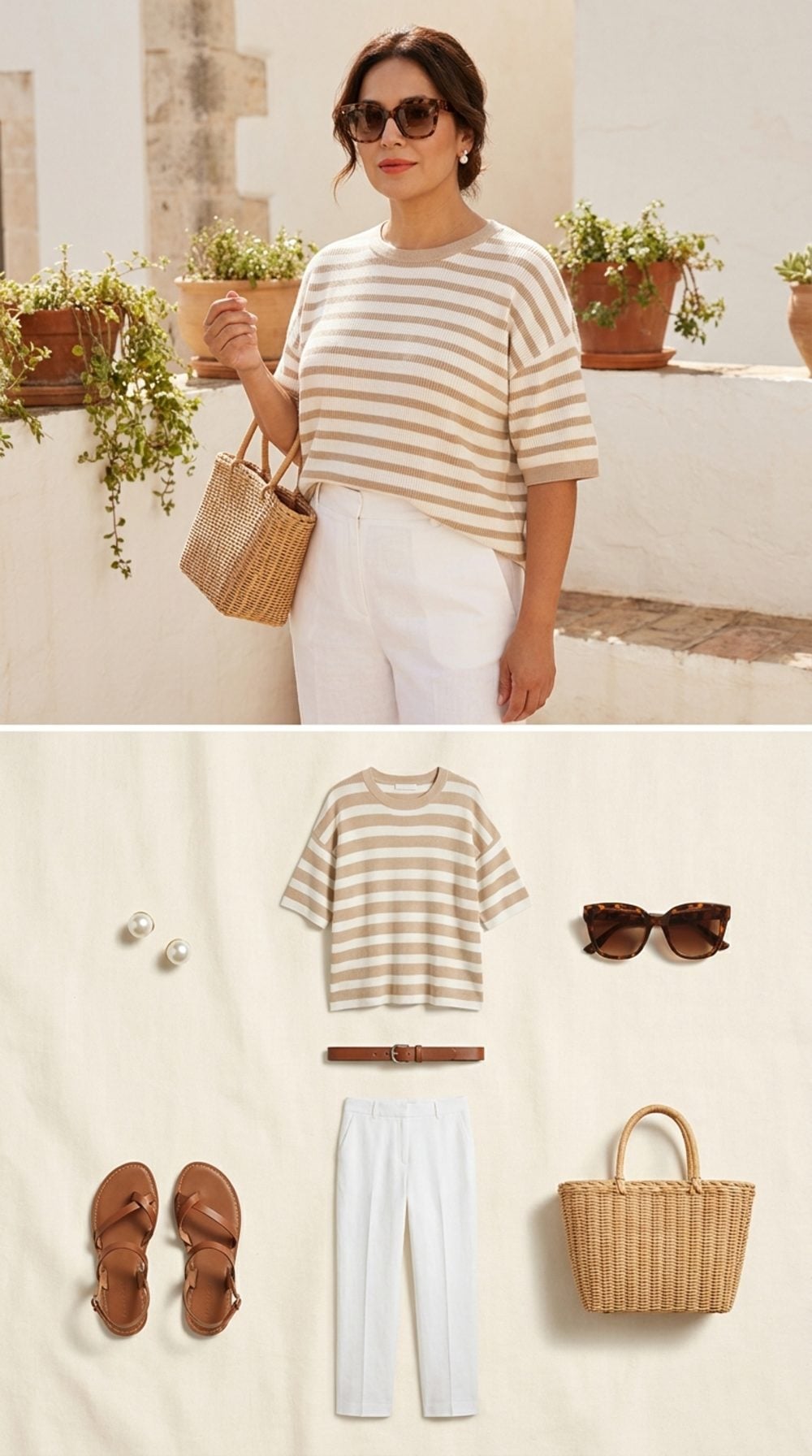 The Stripe That Does Everything: Beige-and-White Knit Tucked Into White Trousers for a Five-Minute Morning Win