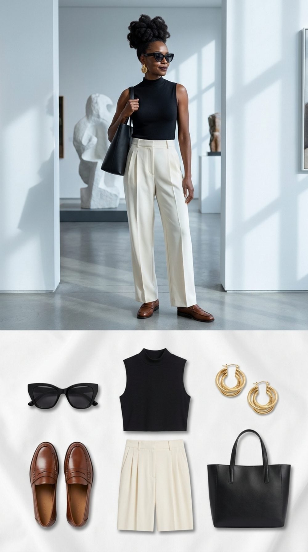 After-Dinner Art Gallery Energy: Black Mock-Neck, Cream Pleats, and Gold That Talks