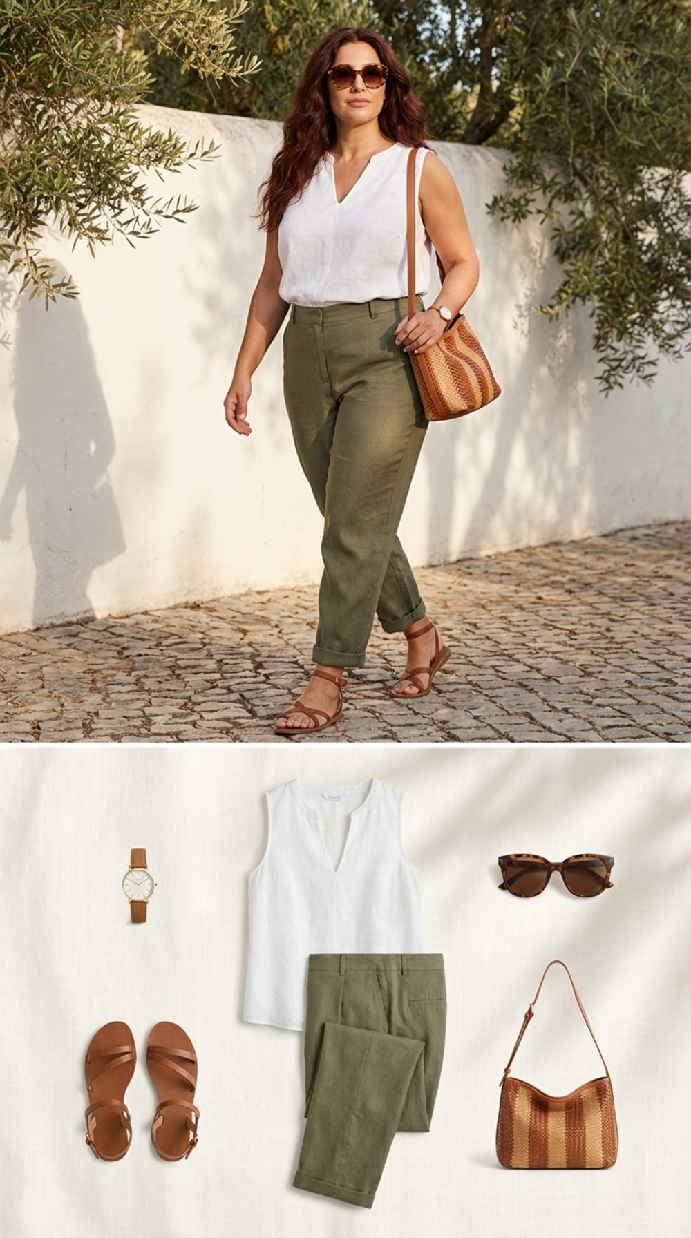 White Linen Thinking: Olive Trousers, Brown Sandals, and the Watch That Does All the Talking