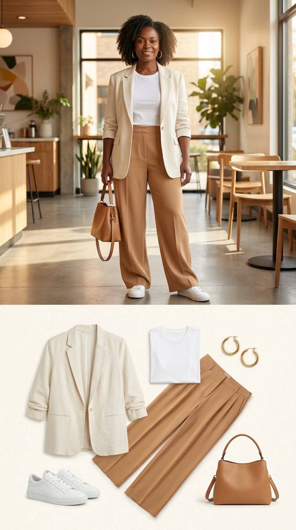 The Cream Blazer Over a White Tee Into Camel Trousers Move That Takes Four Minutes Flat