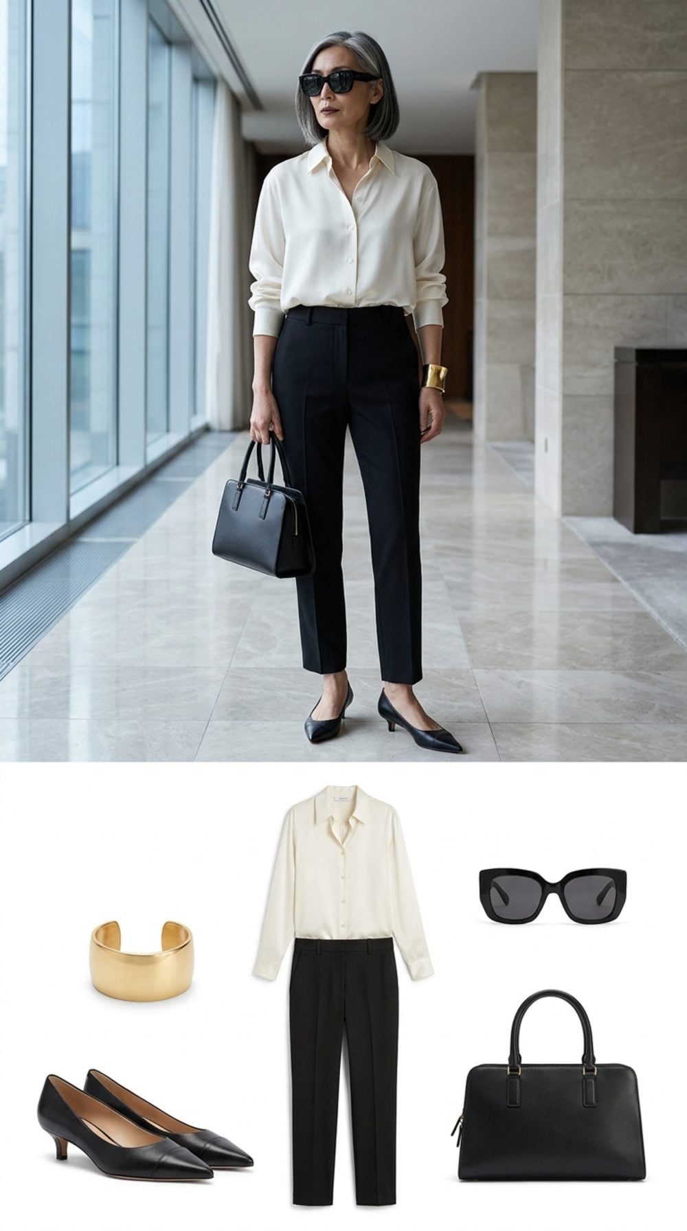 Ivory Silk, Black Tailoring, and a Gold Cuff That Does the Work of Three Accessories