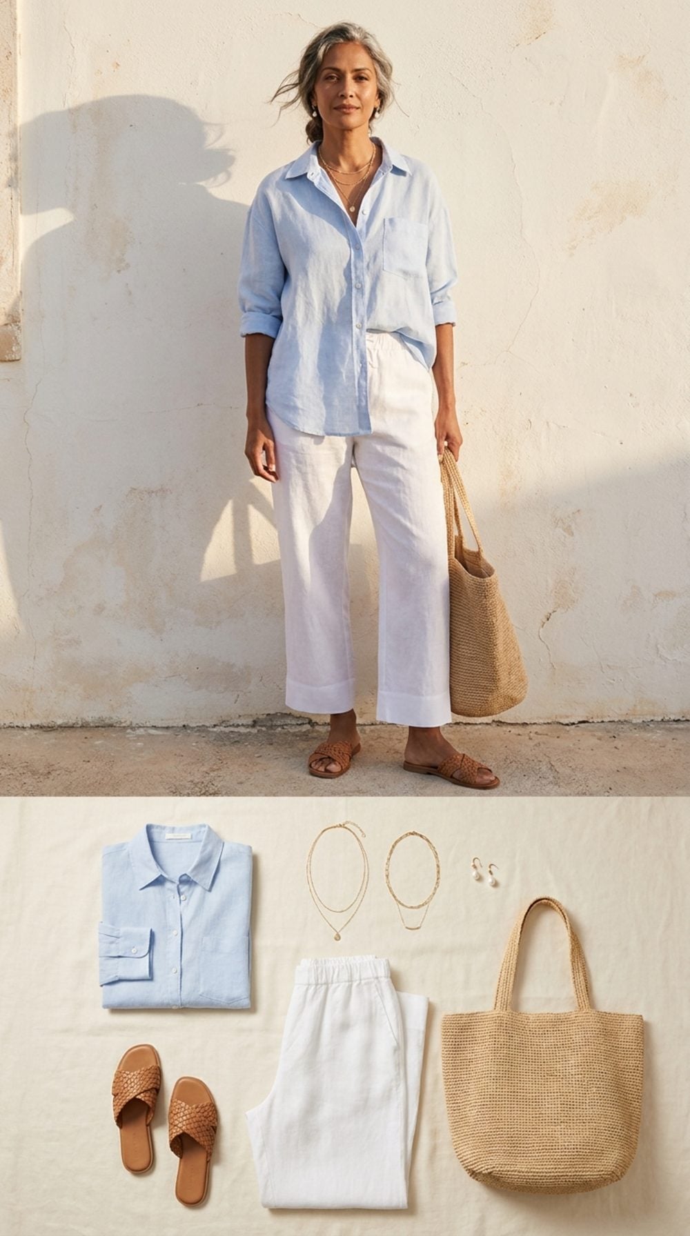 Pale Blue Linen and Layered Gold: The Five-Minute Coastal Edit