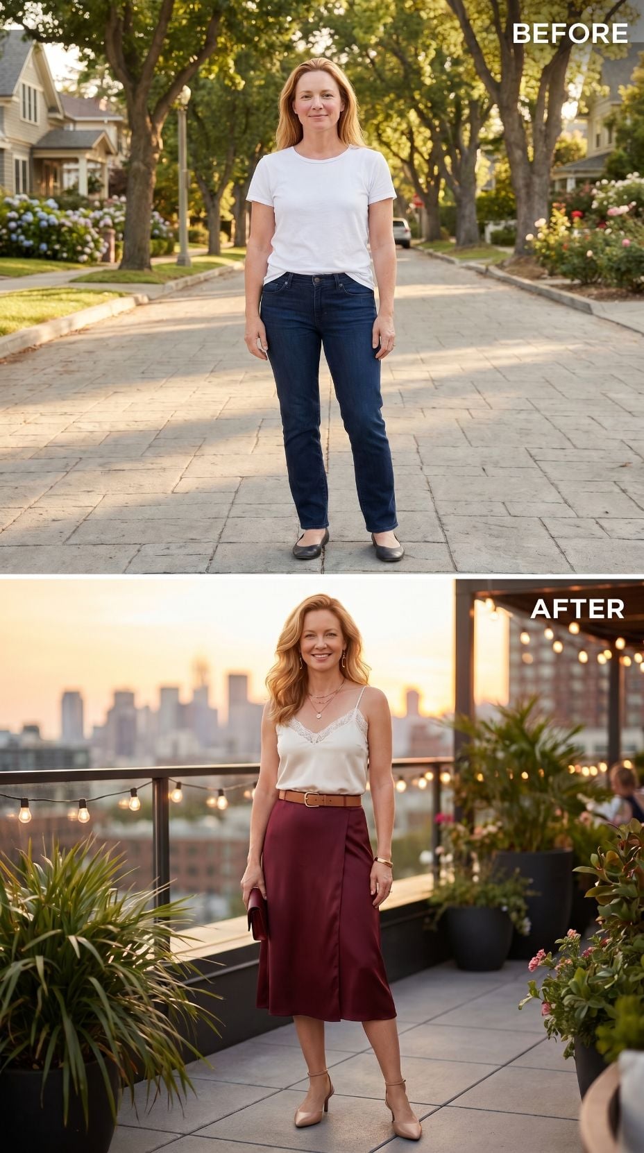 Burgundy Midi, a Rooftop at Sunset, and She Got Dressed Like the City Owed Her a Good Night