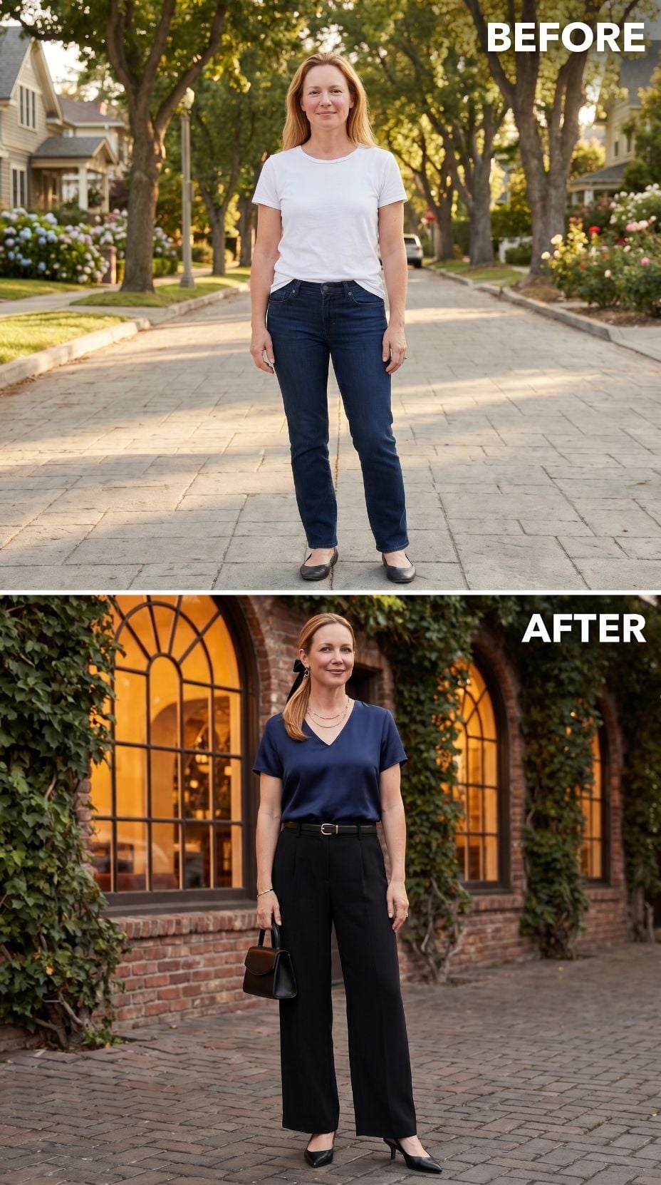 Navy V-Neck, Wide Trousers, and the Night She Stopped Dressing Small