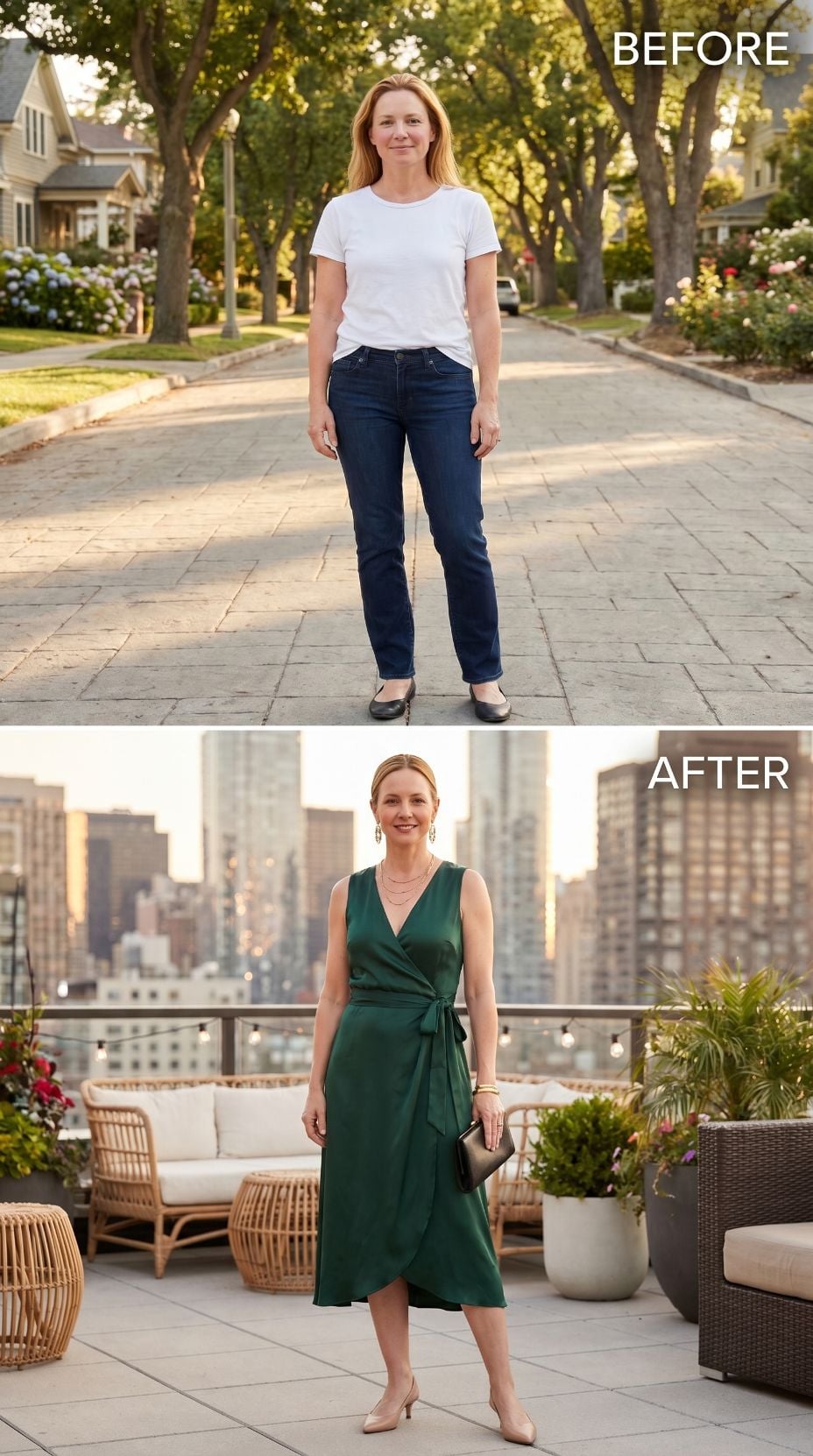 Emerald Wrap Dress, Rooftop Light, and the Night She Got Her Whole Self Back