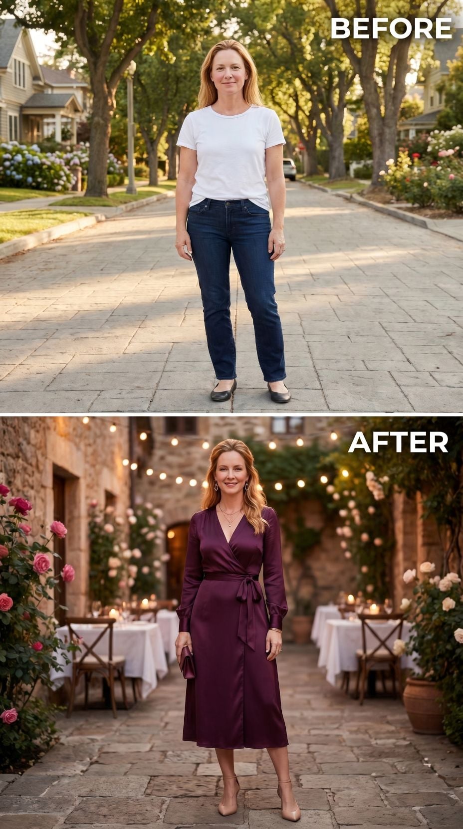 Plum Wrap Dress, String Lights, and She Walked In Like She'd Reserved That Table Years Ago