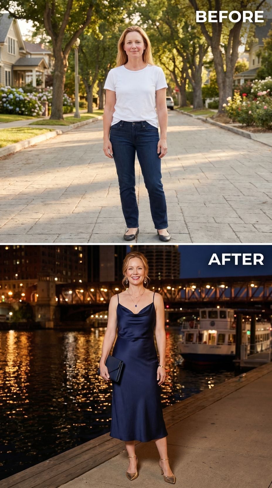 Navy Satin on the Riverwalk, and She Showed Up Like She'd Already Decided