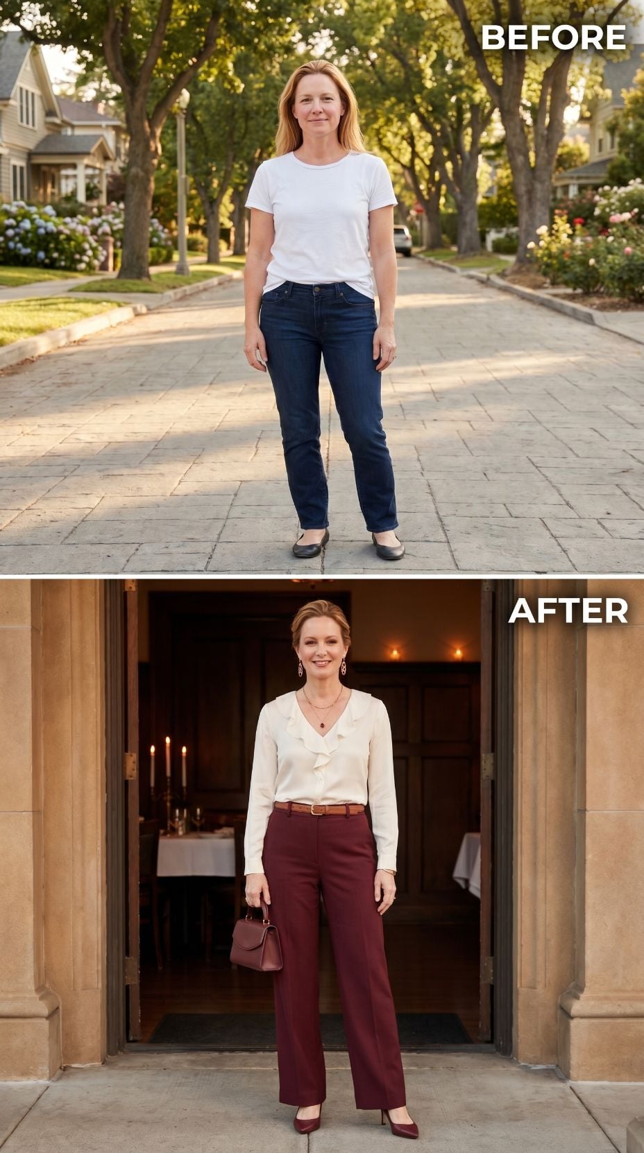 Burgundy Trousers, a Ruffle Blouse, and She Got Dressed Like the Night Had a Dress Code