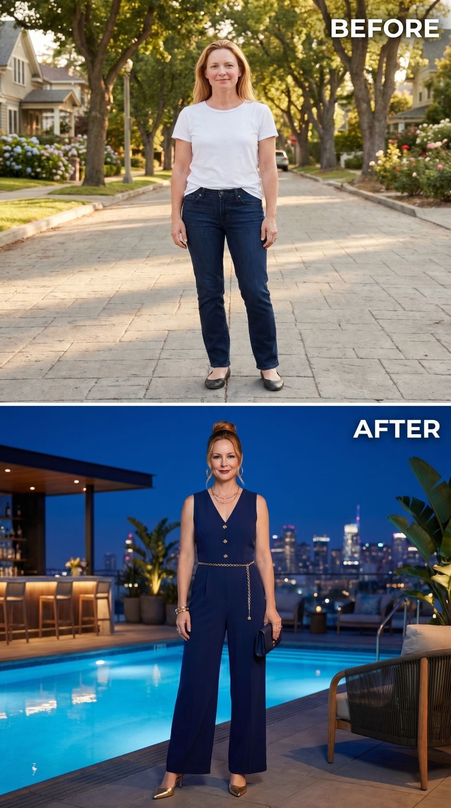 Navy Jumpsuit, a Rooftop Pool at Midnight, and She Got Dressed Like Starting Over Was the Best Part