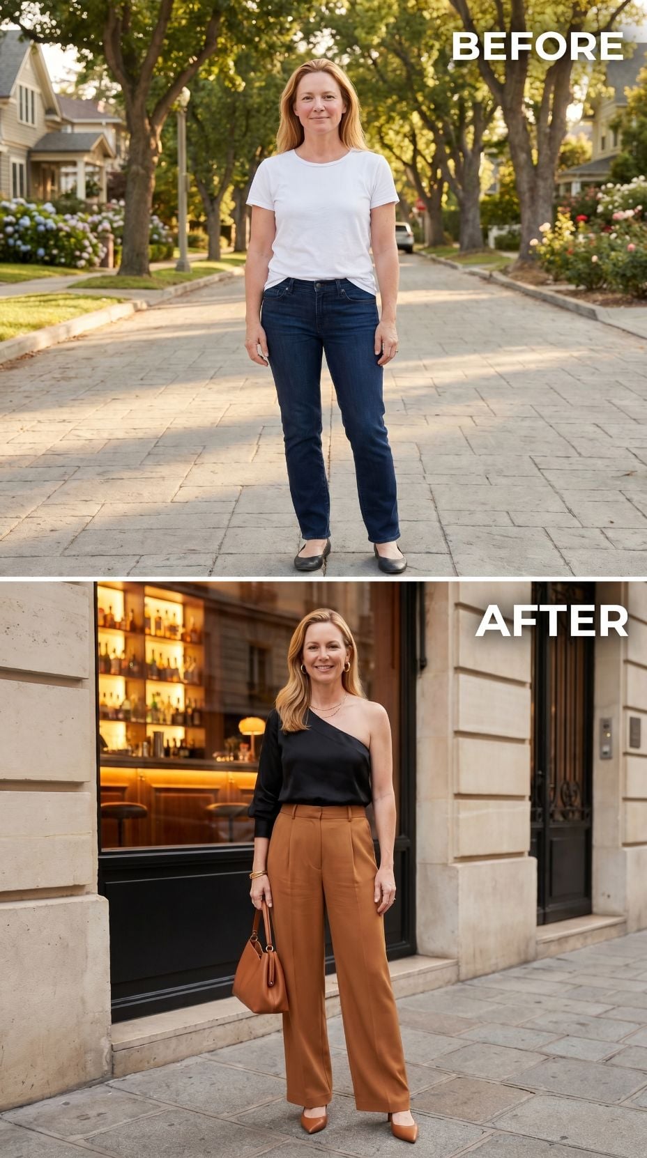 One-Shoulder Black, Caramel Trousers, and She Got Dressed Like the Night Already Had Her Name on It