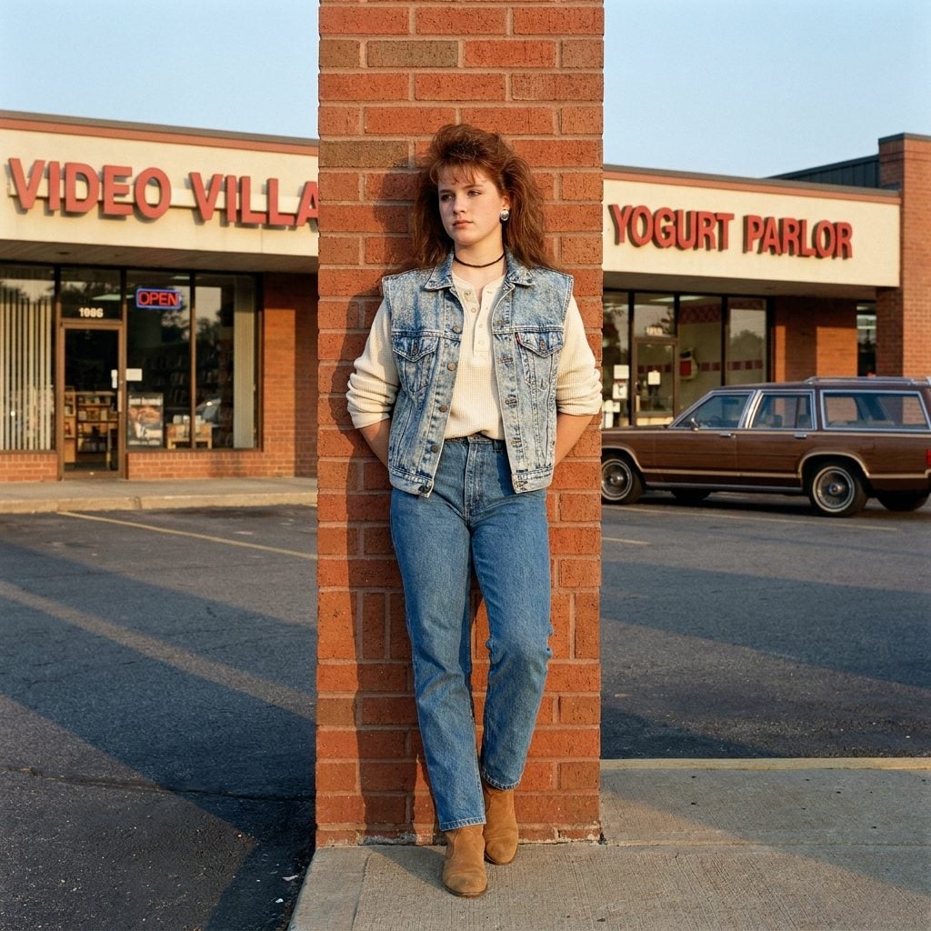 Acid-Wash Denim Vest Worn Over a Long-Sleeve Thermal With Rolled Cuffs