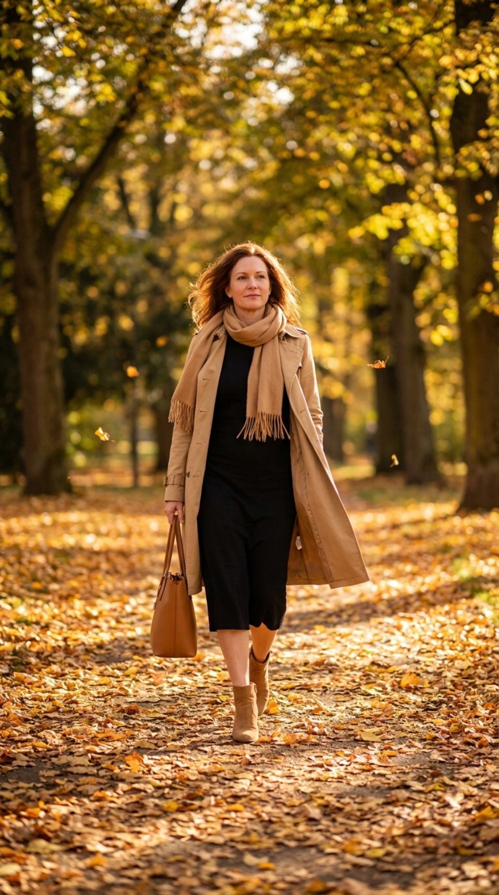 Autumn Park Walk in a Tan Trench: The Season She Started Over
