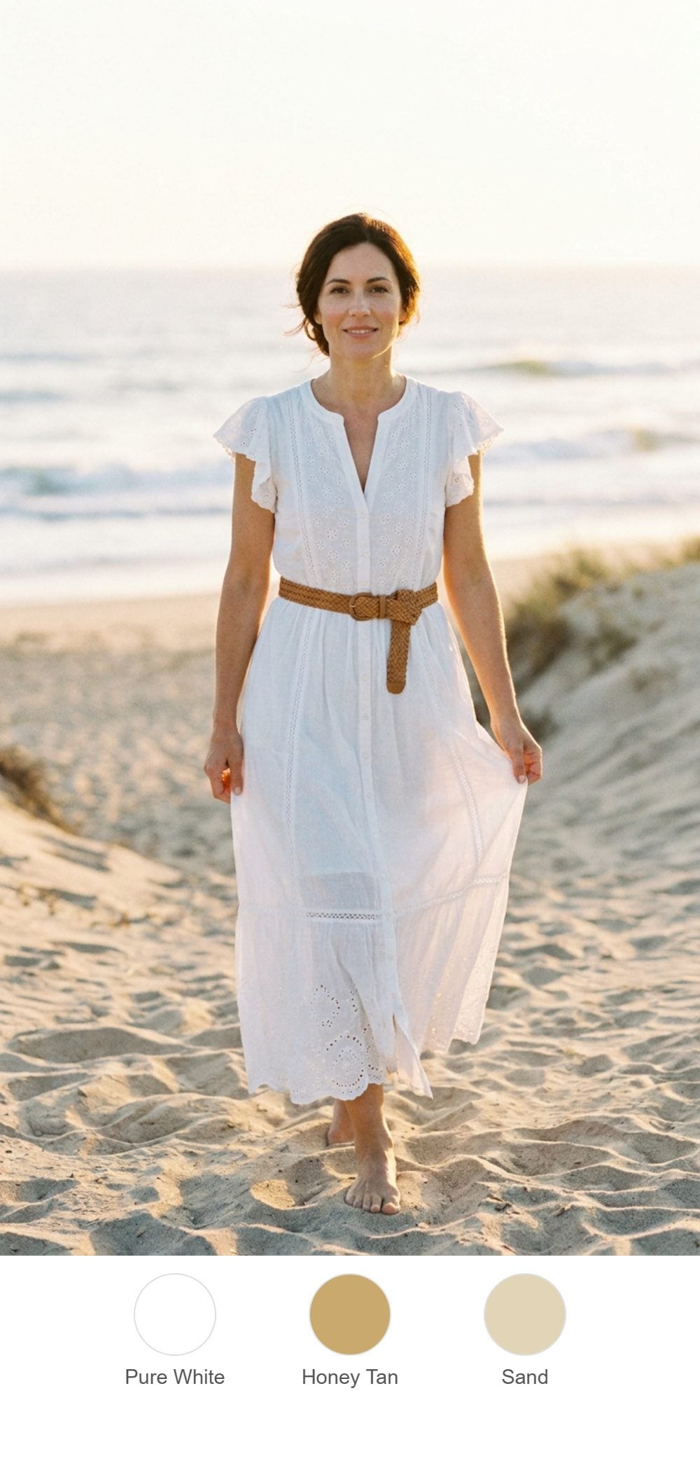Barefoot on the Beach in White Eyelet and a Woven Belt