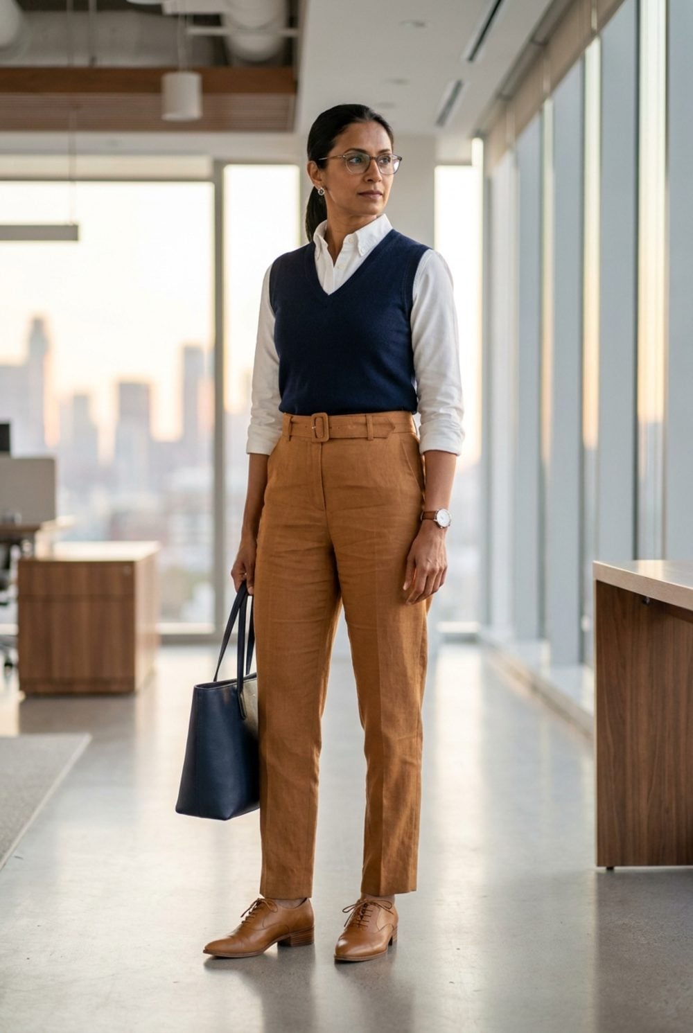 Belted Toffee Linen and a Navy Sweater Vest: Boardroom Dressing With Spine