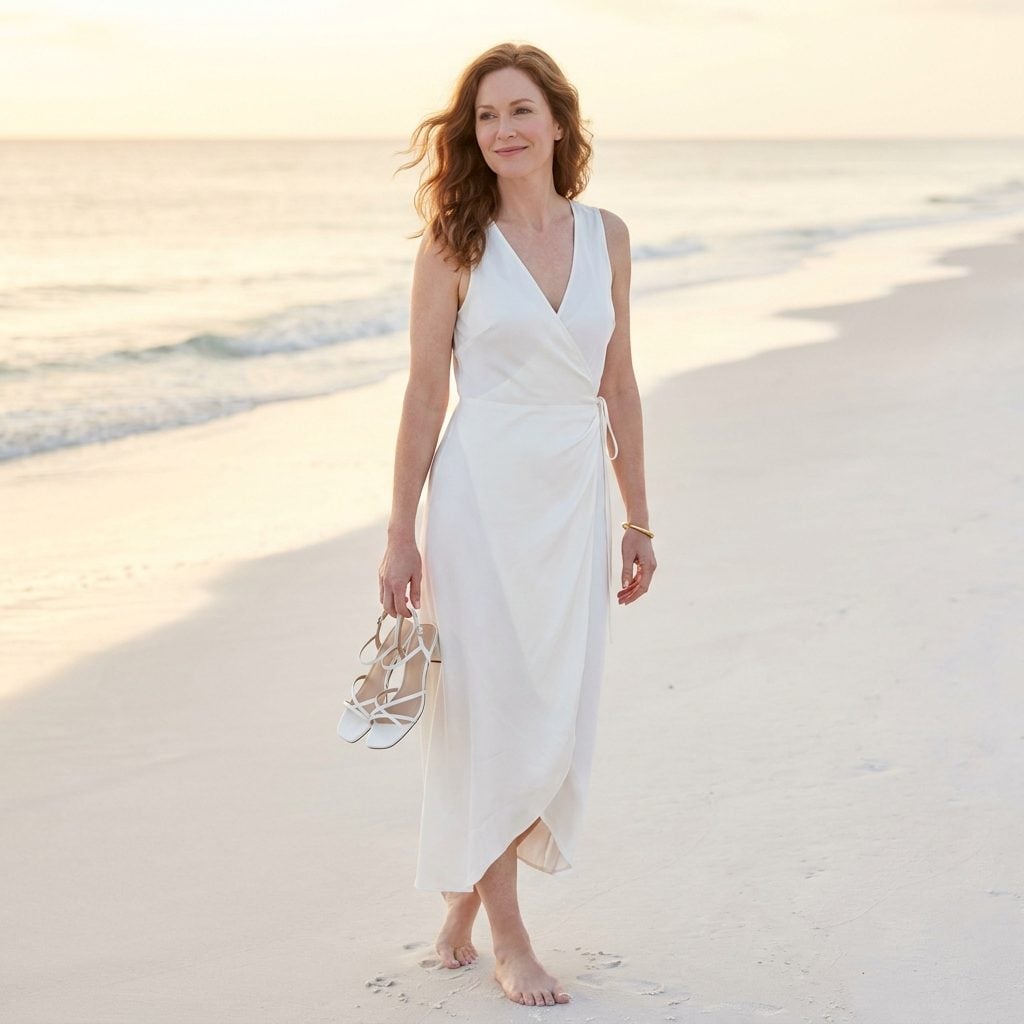 A Bias-Cut White Silk Wrap Dress on a Sunrise Beach With a Gold Bangle Is Not a Bridal Look, It's a Declaration