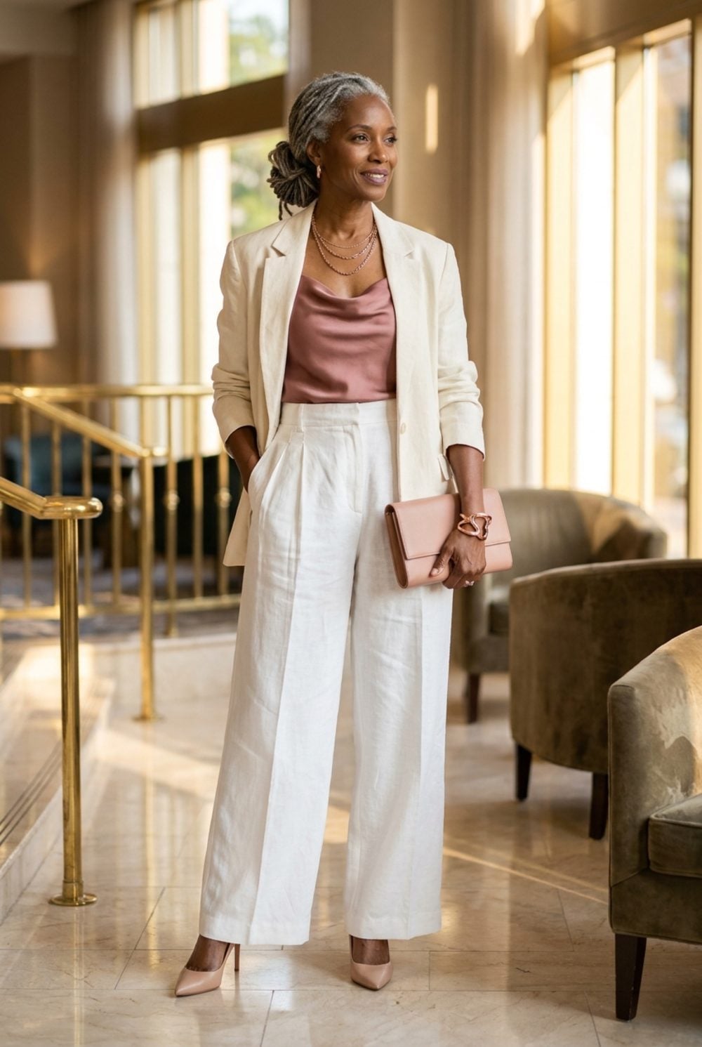 Blush Satin Cowl Neck Anchors an Ivory Linen Suit With Quiet Authority