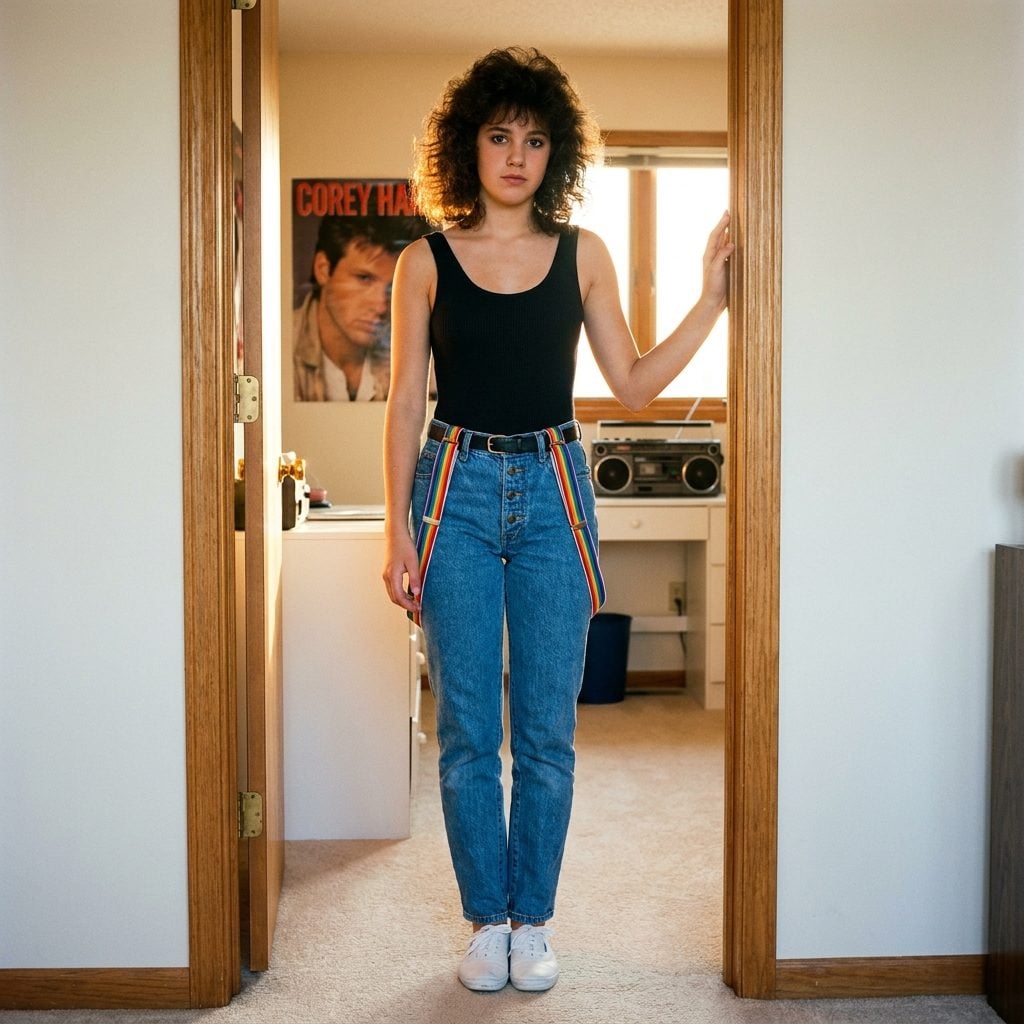 The Bodysuit Snapped at the Bottom, Worn Under High-Waisted Jeans With Suspenders Hanging Down