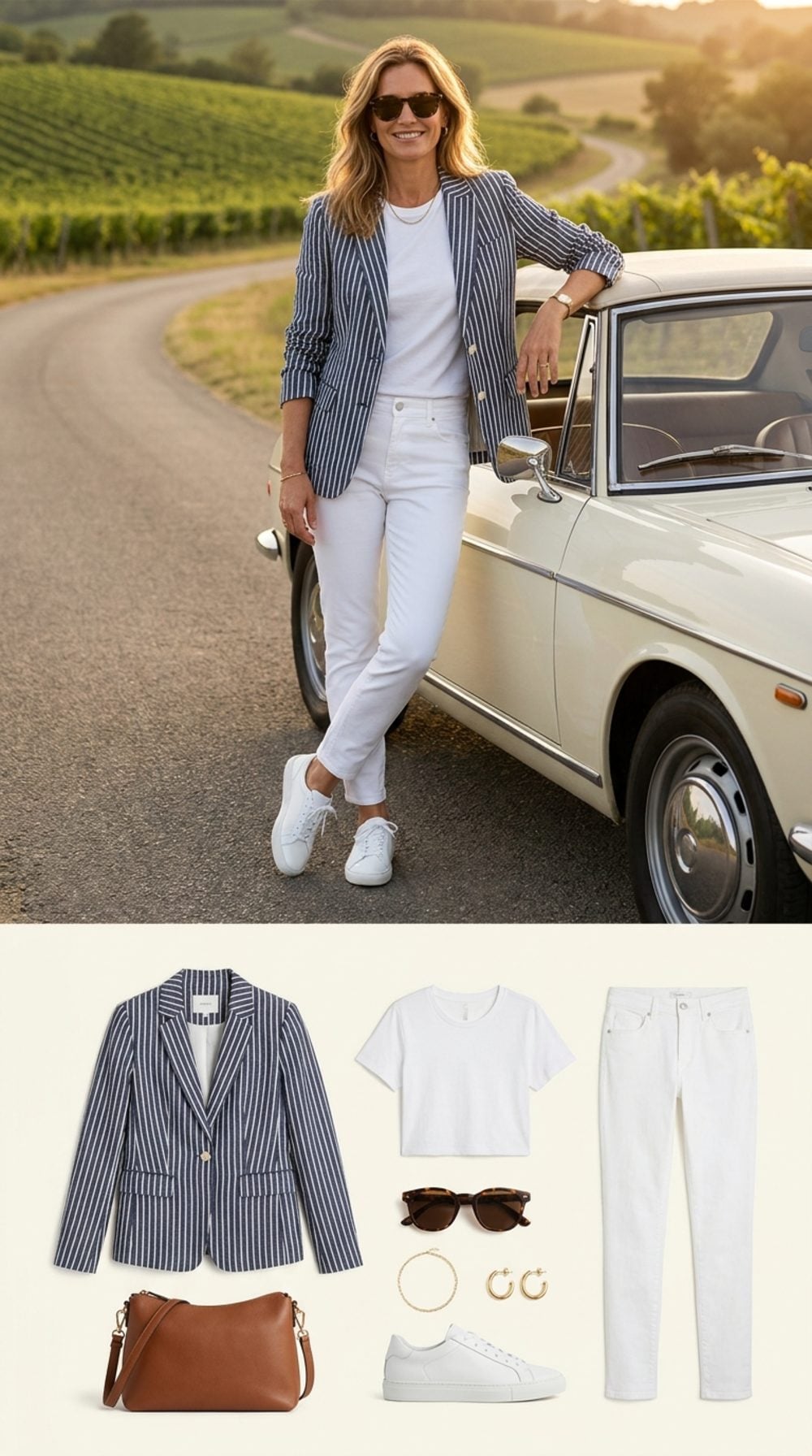 The Breton Stripe Linen Blazer Over White Slim Trousers, Sneakers, and the Open Road