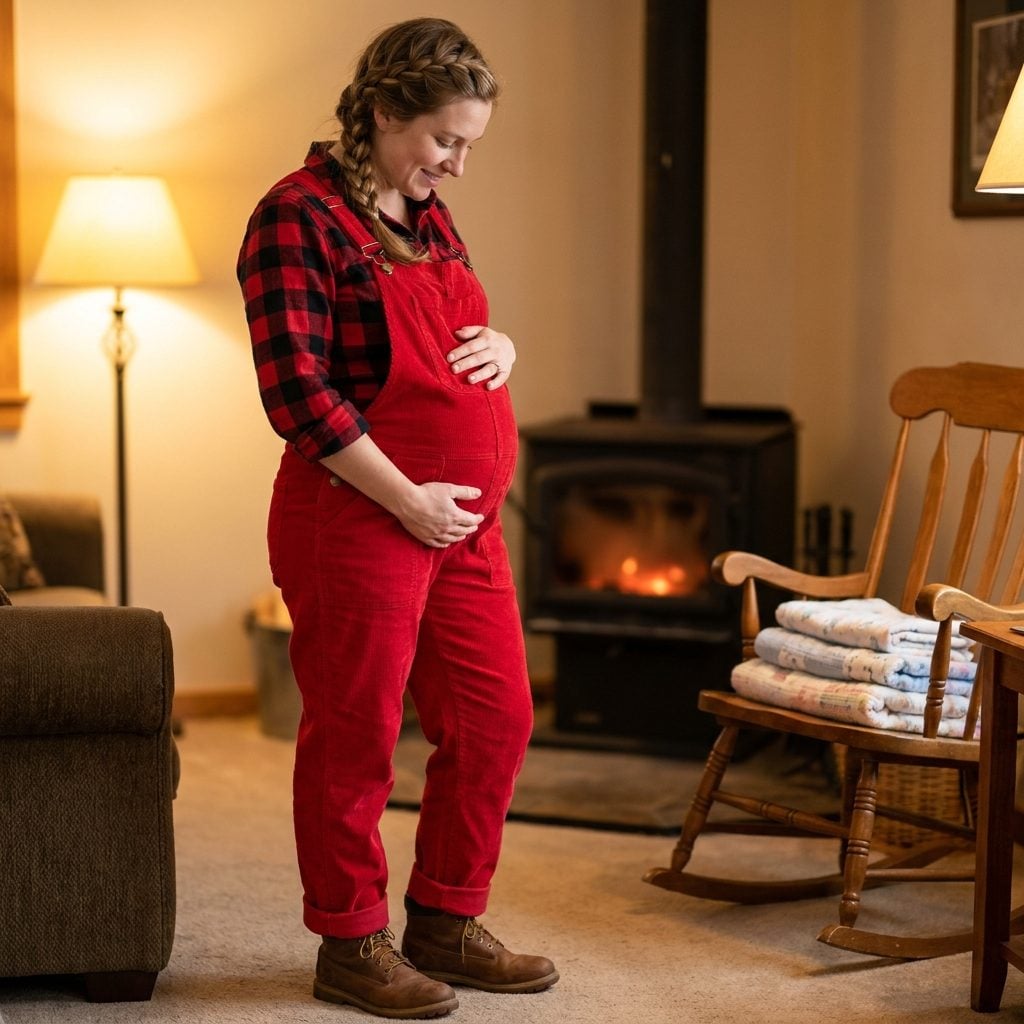 Bright Red Corduroy Maternity Overalls with a Plaid Flannel That Made You Look Like the Coolest Lumberjack on the Block