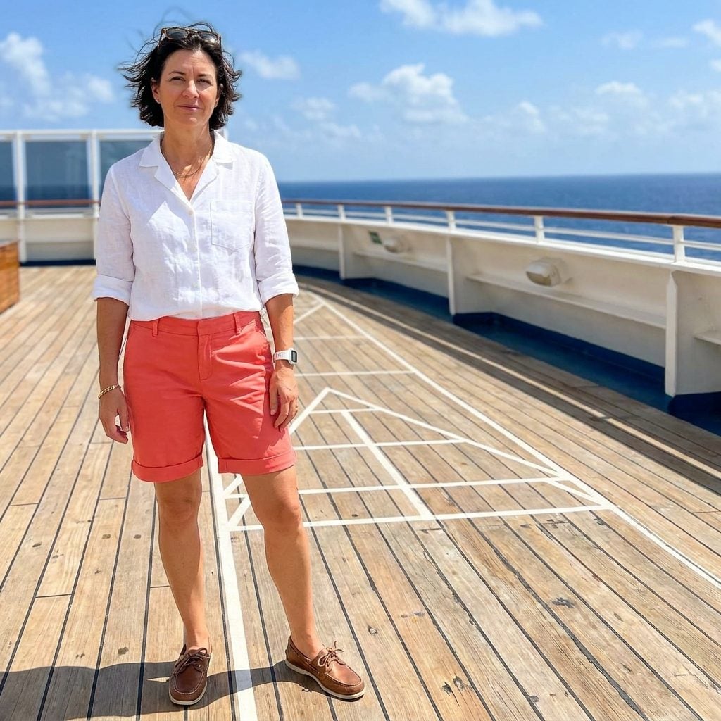 Brightly Colored Bermuda Shorts With Leather Deck Shoes and No Socks
